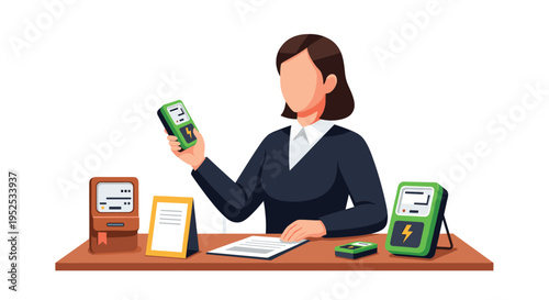 A woman stands behind a wooden desk holding a green energy meter, with other meters and documents laid out.