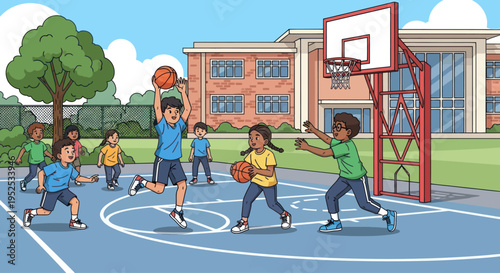 Children playing basketball on a schoolyard court, active fun and sports