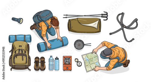 Backpacking Gear and Hiker Preparing for Adventure