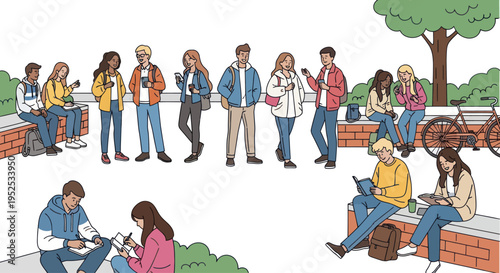 Diverse young adults socializing and using smartphones outdoors