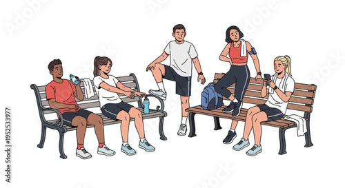 Diverse group of people resting on park benches after workout session