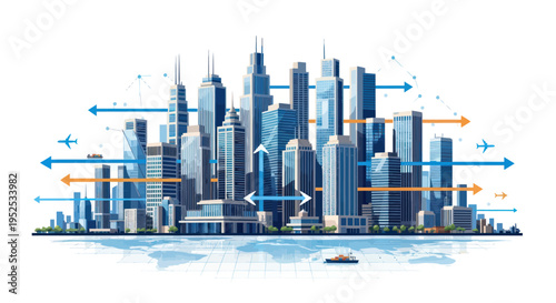 Modern Cityscape with Futuristic Technology and Arrows