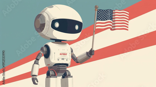 human robot holding american flag vector illustration
