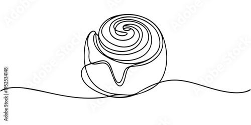 Cinnabon bun one line art. Continuous line drawing of poppy seed roll, cake, butter roll, Sinabon. Cinnamon bun. One line, cinnamon bun continuous one line drawing, Cinnabon bun one line art.