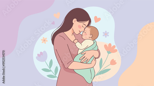 Mother holding and kissing her newborn baby with love