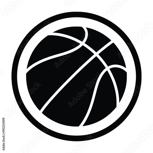 Black and white basketball symbol with bold lines and circular frame modern sport icon for energy and competition