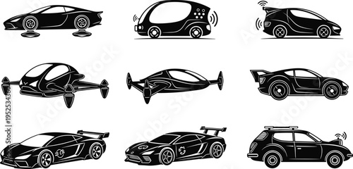 Futuristic Concept Cars Silhouette Set with Advanced Vehicle Designs, Autonomous Transport and Innovative Automotive Technology Illustration