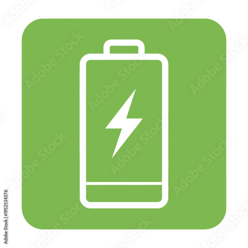Modern flat design battery icon with energy lightning bolt symbol glowing inside a sleek rectangular shape set against a vibrant lime green square background for eco friendly technology branding