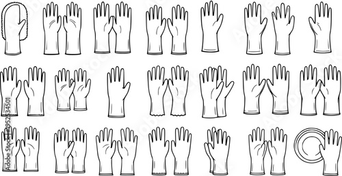 Black and White Line Art Vector Icon Set of Various Protective Gloves for Household Chores, Cleaning, Kitchen, and Work Safety