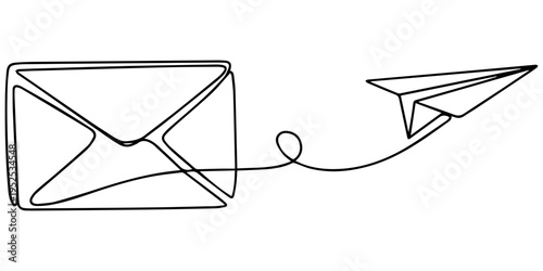 mail with paper plane continuous one line drawing, Paper plane flying open envelope continuous one line art style outline vector icon, Envelope with a paper airplane flying out of it in one line art