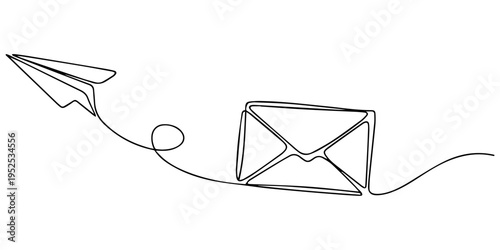 paper plane with mail continuous one line drawing, Continuous one line drawing of envelope mail with airplane paper, Continuous single line sketch drawing of envelope mail with flying paper plane