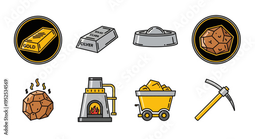 Gold Bars and Mining Equipment Illustration.