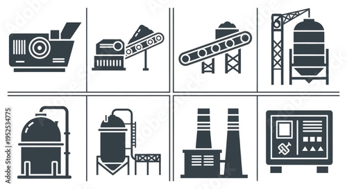 Industrial Equipment Icons in Monochrome Style.