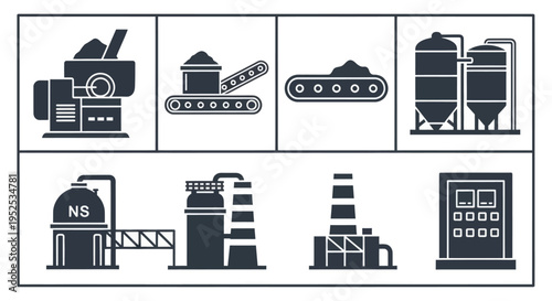 Industrial Equipment Icons in Monochrome Style.