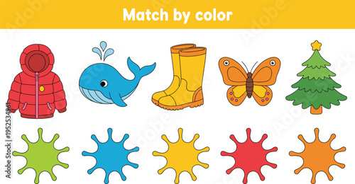 Educational match by color game for kids with winter jacket whale boots butterfly and christmas tree vector illustration