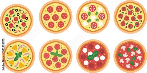 Large collection of various pizza types set with different toppings isolated on white background flat vector illustration