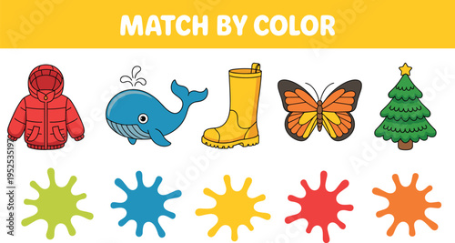 Educational match by color game for kids with winter jacket whale boots butterfly and christmas tree vector illustration