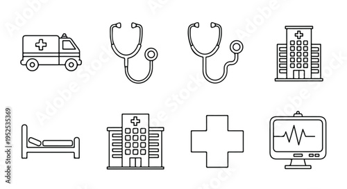 Set of Medical Healthcare Line Art Icons. Hospital, Ambulance, Stethoscope, Bed, Monitor isolated PNG with Transparent Background