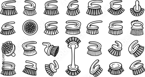 Black and White Line Art Icons of Various Scrub Brushes for Cleaning Tasks