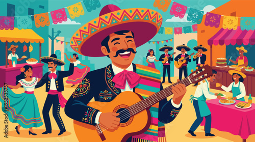Mariachi musician playing guitar at Mexican street festival