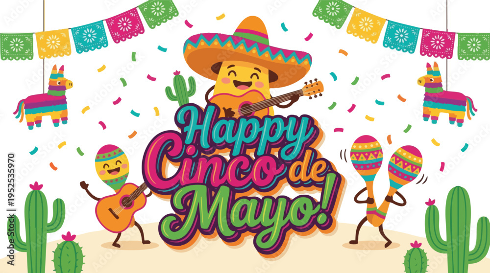 Fototapeta premium Happy Cinco de Mayo greeting with cute maracas and guitar