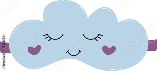Cute blue cloud sleep mask vector illustration. Pajama party concept.Kawaii eye mask with smiling face, heart cheeks and purple strap isolated on white background