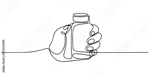 Continuous one line drawing of Hand holding medicine bottle. simple medical drugs pharmacy care line art vector illustration, hand holds medicine bottle continuous one line drawing, Continuous one