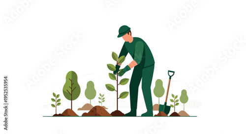 A person in a green uniform and hat is planting a small tree in soil, with other young trees and a shovel in the background.