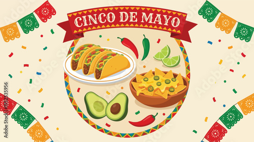 Mexican food celebration with tacos nachos and avocado