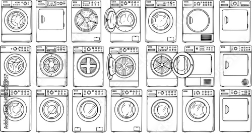 Hand-Drawn Black and White Line Art Set of Washing Machines and Dryers, Laundry Home Appliances Collection for Household Cleaning and Utility.