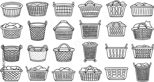 Laundry Baskets and Hampers Vector Line Art Icon Set. Hand-drawn Black and White Outline Illustrations of Household Containers for Clothes and Cleaning.