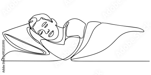 sleeping man continuous one line drawing, Continuous one line drawing happy man sleep regularly. Concept of home health care activities. Single line draw design vector graphic illustration.