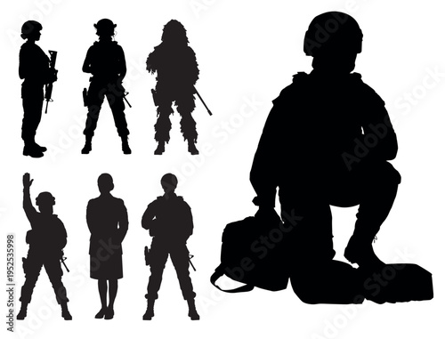lady Soldiers Vector Silhouette Set – Female Military Personnel Illustration for Army, Defense, and Women in Combat Design
