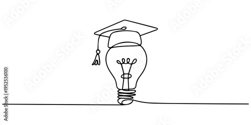 light bulb wearing a graduation cap continuous one line drawing, One single line drawing of light bulb wearing graduation hat logo identity. Smart education academy logotype icon template concept.