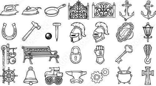 Blacksmithing and Metalwork Vintage Icons Set. Hand Drawn Black and White Line Art of Antique Tools, Historical Objects, and Decorative Elements.