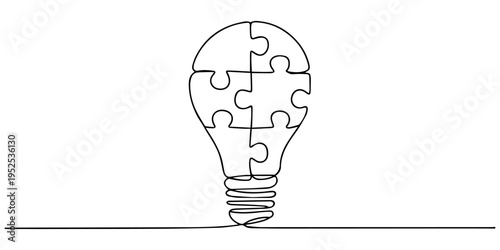 bulb with puzzles continuous one line drawing, One single line drawing of light bulb with pieces of puzzles forming logo identity. Teamwork smart company logotype icon template concept. Continuous