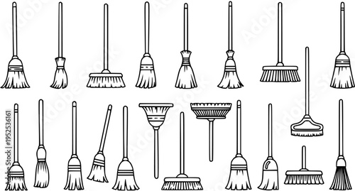 Black and White Line Art Collection of Various Brooms for Cleaning, Housekeeping and Household Chores