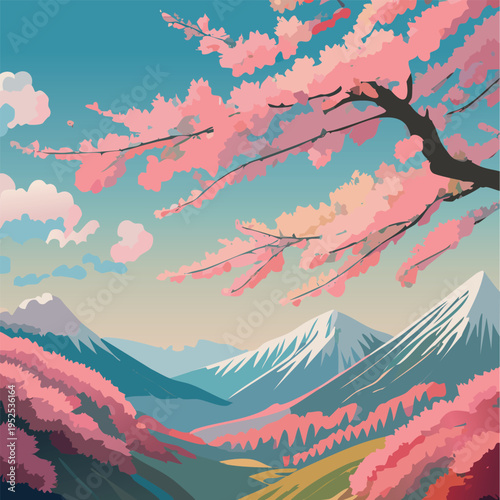 Paysage de Montagnes avec Arbres et Cerisiers en Fleurs - Couleurs Pastel Vecteur- Sakura Japon