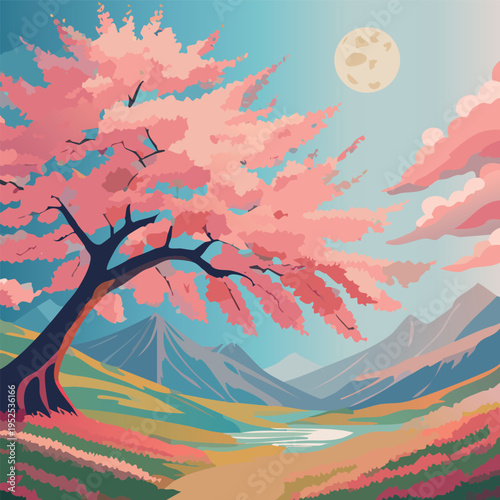 Paysage de Montagnes avec Arbres et Cerisiers en Fleurs - Couleurs Pastel Vecteur- Sakura Japon