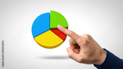 Person pointing a finger directly at a colorful three dimensional pie chart graphic representing business data analysis and financial statistics visualization against a white background.