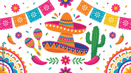 Cinco de Mayo Mexican celebration background with sombrero