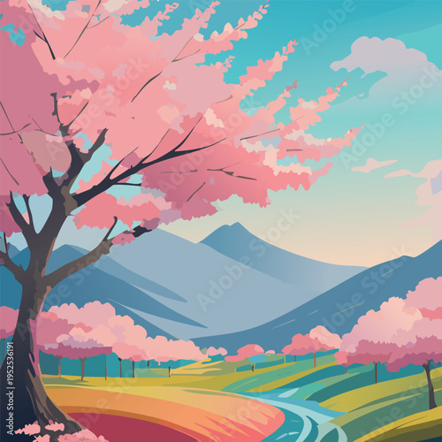 Paysage de Montagnes avec Arbres et Cerisiers en Fleurs - Couleurs Pastel Vecteur- Sakura Japon