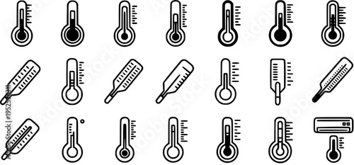 Thermometer Glyph Icons Set for Medical, Science, Weather, and Climate Temperature Measurement in Black and White Line Art.