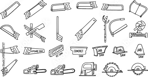 Construction and Woodworking Saws Line Art Vector Icons Set. Hand-drawn Collection of Diverse Cutting Tools for Building, Carpentry, and DIY Projects.