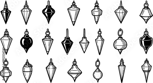 Set of Construction and Measurement Plumb Bobs in Hand-drawn Black and White Line Art Style