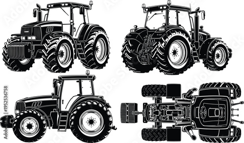 Agricultural tractor set vector illustration with multiple views including side, front and top angles, detailed farming machinery isolated on white background for agriculture and transport concepts