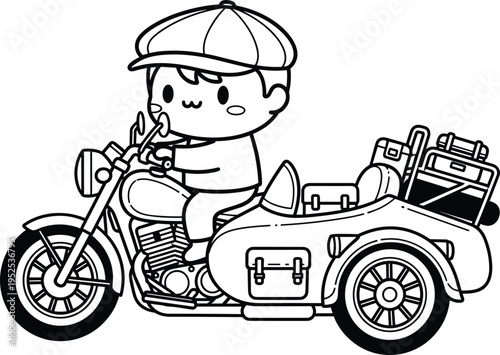 Black and white cartoon illustration of cheerful man riding motorcycle with sidecar carrying luggage, playful travel adventure scene, vintage style drawing for creative stock use.