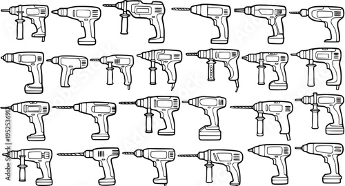 Construction and DIY Power Drills Line Art Vector Set. Black and White Outline Icons of Electric and Cordless Handheld Drilling Tools.