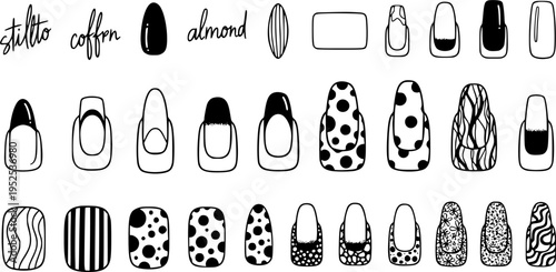 Black and White Line Art Vector Set of Manicure Nail Shapes and Art Designs for Beauty, Fashion, and Nail Care Industry