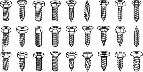 Construction and DIY Hardware Fasteners Collection: Detailed Black and White Line Art Set of Various Screw and Bolt Types for Engineering Projects